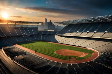 Empty sunset grand soccer arena in the city - obrazy, fototapety, plakaty