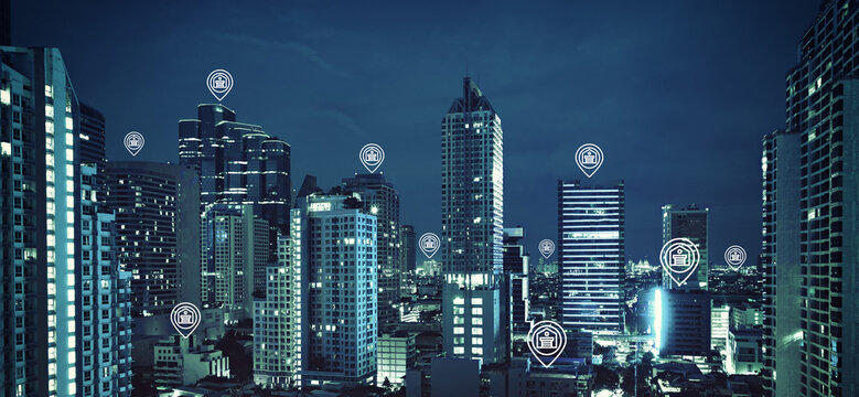 Modern cityscape and location information concept. GPS. Global Positioning System. Navigation map. Composite visual with a drone point of view. Mixed media. - Powered by Adobe