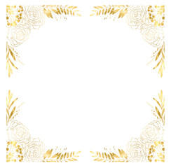 Linear gold floral border, bouquets and frame, Design for invitations. Gold frame.  Line art style. Botanical line art silhouette golden leaves. Gold floral. Place for your text