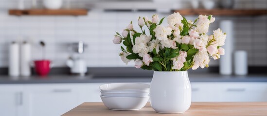 Latin style breakfast and vase of flowers on kitchen table in modern white kitchen with wooden and white details with copyspace for text