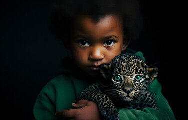 Young small kid holding a baby of leopard with green cute adorable eyes. Symbol of save the animals, no to hunting.