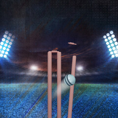 Cricket template for social media posts. Cricket background with stadium lights, gallery and field. Amazing readymade background for sports. White cricket ball hitting wicket stumps knocking bails.