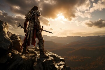Medieval knight on the top of the mountain. 3d render - obrazy, fototapety, plakaty