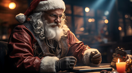 Santa Claus with gifts, creative image in the office
