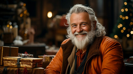 Obraz premium Santa Claus with gifts, creative image in the office