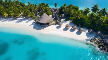 Fototapeta na wymiar Aerial view of a beautiful tropical island with palm trees and sand.