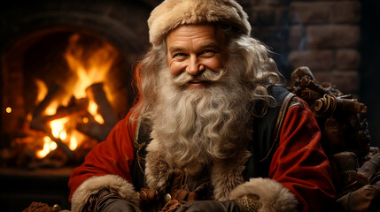 Santa Claus with gifts, creative image in the house near the fireplace