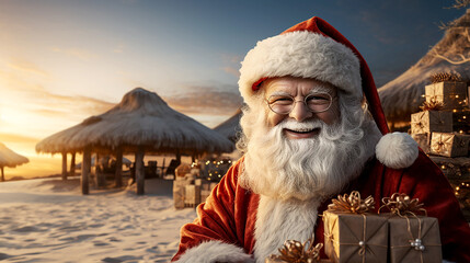 Stylized creative Santa Claus with gifts on the beach