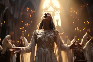 A choir performing in a grand cathedral, filling the sacred space with celestial voices. Concept of choral music. Generative Ai.