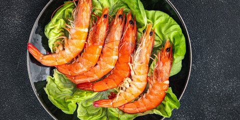 Gambas prawn fresh shrimp seafood crustacean langoustine meal food snack on the table copy space food background rustic top view