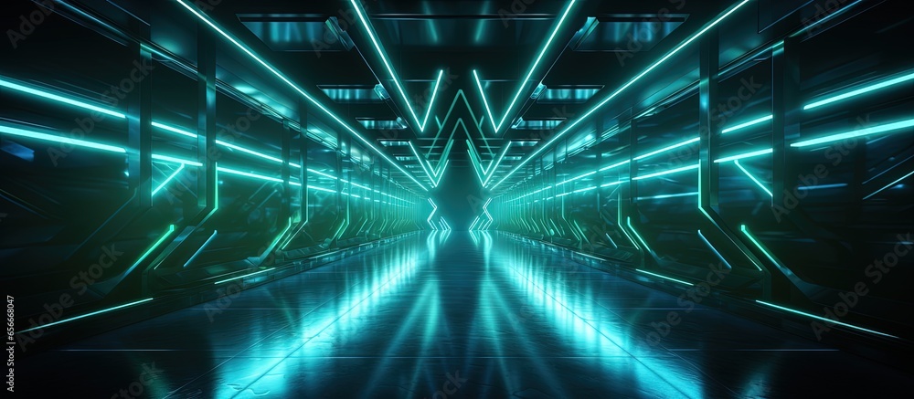 Poster abstract background with neon arrows pointing left in green and blue with copyspace for text