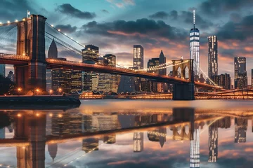 Schilderijen op glas Panorama of Brooklyn Bridge at sunset, New York City, USA © Iman