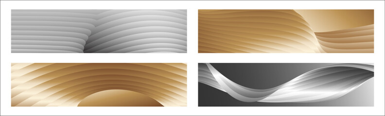 Wavy silver and gold parallel gradient lines, ribbons, silk. Set of 4 backgrounds. Black and white with shades of gray or golden silk. Banner, poster. eps vector