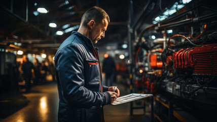 Fototapeta na wymiar Auto Mechanic is Checking the Truck's Safety Maintenance Checklist,