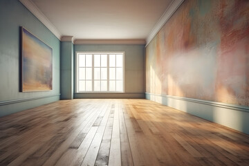 Obraz premium Empty room of a museum with wooden floor and abstract painting on wall. 3d rendering, exhibition gallery
