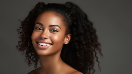 beautiful black woman touch face with smooth healthy skin, happy smiling.