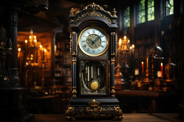 A grandfather clock ticking solemnly in a dimly lit room, marking the passage of hours. Concept of tradition and nostalgia. Generative Ai.