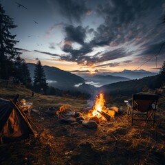 Camping on the mountain with a campfire lit and looking at the beautiful background of the moon and sky at night, great for wallpaper, blogs, websites, advertising, etc. Generative Ai images

