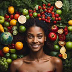 Fototapeta na wymiar African beauty adorned with fruit, blending vibrant cultural traditions, natural allure, and serene outdoor elegance in a close-up portrait