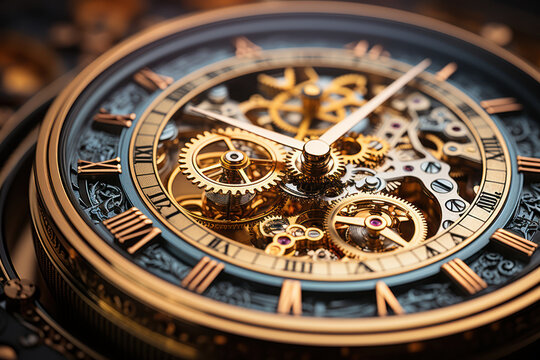 A clock with intricate gears and cogs, highlighting the complexity of timekeeping mechanisms. Concept of precision engineering. Generative Ai.