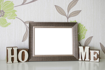 blank photo frame png mockup, with floral wallpaper background, transparent centre