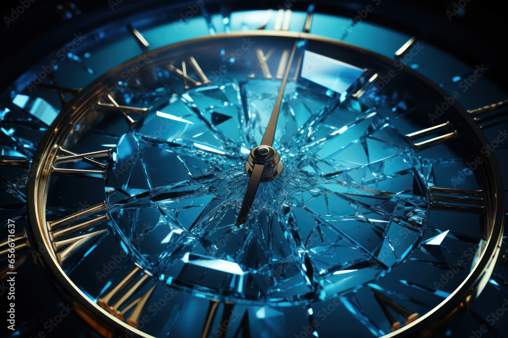 Poster a clock face with fractured glass, signifying the vulnerability of time to unexpected interruptions.