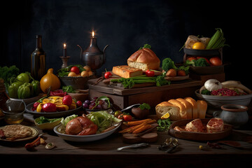 Obraz na płótnie Canvas Festas Juninas Food with different fruits and vegetables on a wooden table. Dark background