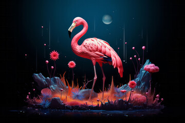 Pink flamingo standing in flowers field on futuristic cosmic space background in universe dark sky. Fantasy bird concept