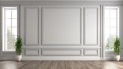 Classical empty room interior 3d render,The rooms have wooden floors and gray walls ,decorate with white moulding,there are white window looking out to the nature view. - obrazy, fototapety, plakaty