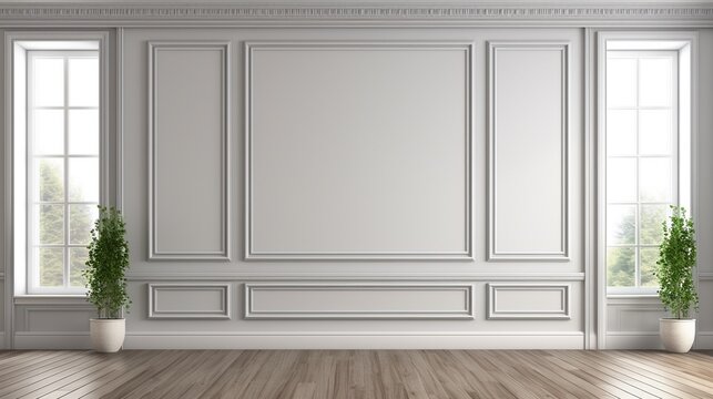 Fototapeta Classical empty room interior 3d render,The rooms have wooden floors and gray walls ,decorate with white moulding,there are white window looking out to the nature view.