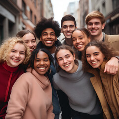 Multiracial best friends having fun outside - Group of young people smiling at camera outdoors - Friendship concept with guys and girls hanging out on city street