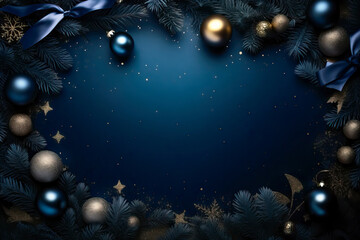 Obraz na płótnie Canvas Dark blue Christmas decoration balls on dark background. Merry christmas and happy new year greeting card with copy space for text.
