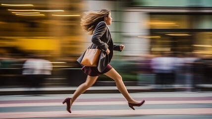 Blurred motion of Energetic business woman is running with carrying a briefcase to a business meeting. Competition concept.