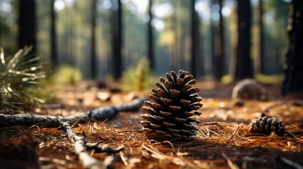 Foto auf Alu-Dibond A detailed macro of a pine cone on a forest floor. © Creative artist1