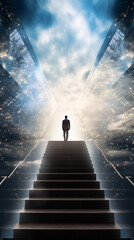 Ascending Ambition  Businessman Merged with Stairs Embodying Journey to Corporate Triumph