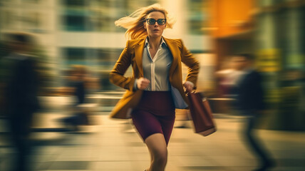 Blurred motion of Energetic business woman is running with carrying a briefcase to a business meeting. Competition concept.