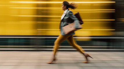 Blurred motion of Energetic business woman is running with carrying a briefcase to a business meeting. Competition concept.