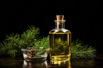 Obraz na płótnie Canvas Glass bottle with spruce oil and fir branches with pine cone on black background. Natural spa aroma therapy