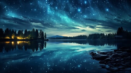 A starry night sky over a serene lake.