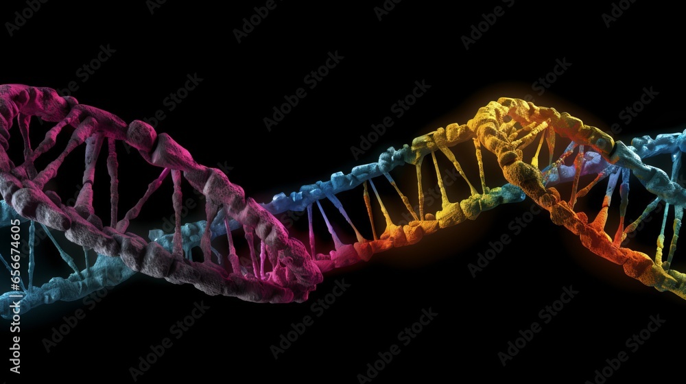 Poster dna structure in neon colors. concept: science of genomics and genetics. illustration of the chain o
