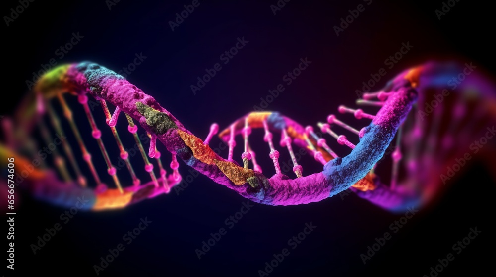 Poster dna structure in neon colors. concept: science of genomics and genetics. illustration of the chain o