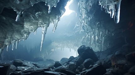 Ice formations hanging from the roof of a cave.