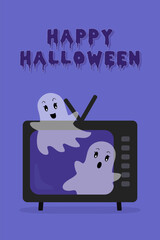 Happy Halloween Vector Poster. Cute Halloween Ghosts Flying out of a TV. Greeting Card in Flat Cartoon style