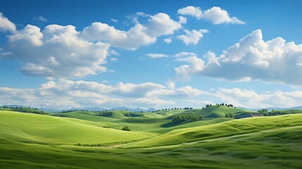 Rolling green hills under a sky full of cumulus clouds. - obrazy, fototapety, plakaty