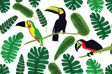 Parrots on branch of tree illustration.