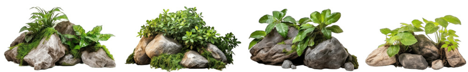 Large rocks and stones with plants and foliage around, green nature, isolated on transparent background generative ai