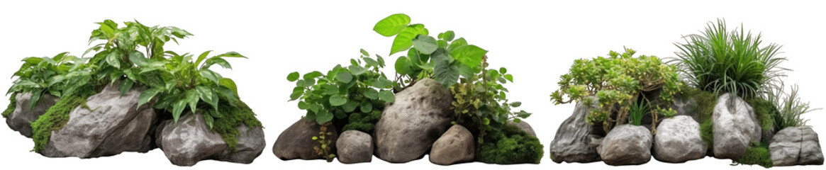 Large rocks and stones with plants and foliage around, green nature, isolated on transparent background generative ai - obrazy, fototapety, plakaty
