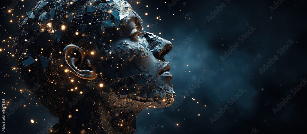 Poster disintegrating pixelated face symbolizes technology s impact on the mind with copyspace for text