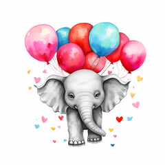 Cute Elephant flying with ballons watercolor paint