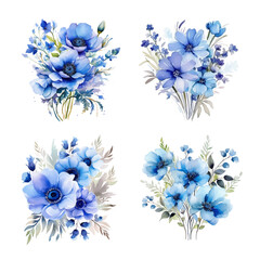 Blue flowers bouquet collection watercolor paint